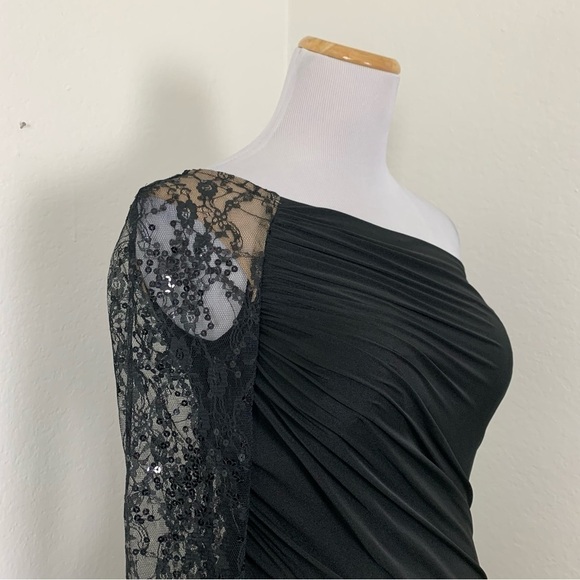 NWT Vintage Aidan Mattox Y2K One Shoulder Lace Sequin Ruched Black Mini Dress - Picture 16 of 17